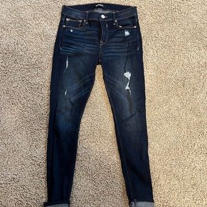 Express Women's Skinny Jeans in Dark Blue with Distressed Detail